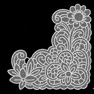 May include: White lace corner design with floral and scrollwork patterns. The delicate embroidery showcases a detailed, openwork design with flowers and swirling leaves against a black background. Suitable for various craft projects.
