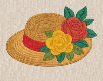 May include: Embroidered straw hat with a red band, adorned with a cluster of roses in shades of orange and yellow, and green leaves. The hat has a wide brim and a rounded crown.