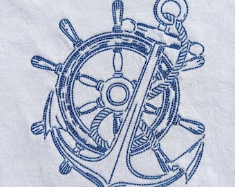 Motif de broderie nautique : roue de bateau, ancre, corde (téléchargement instantané)