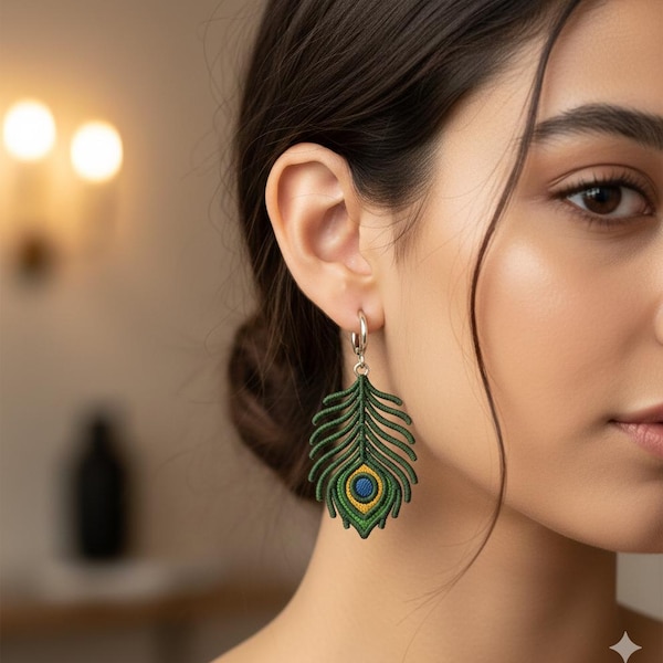 FSL Peacock Feather Earring Embroidery Design - Lace Jewelry Pendant - Boho Earrings  - Instant Download
