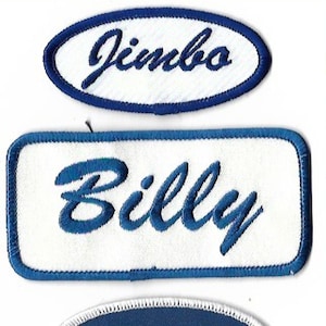 May include: Three embroidered iron-on patches with white fabric and blue lettering. The patches read "Jimbo", "Billy", and "Willie".