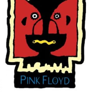 Peut inclure: Une illustration graphique noire et rouge d'un visage avec une bouche jaune et le texte "PINK FLOYD" en dessous. Le visage est entouré d'un cadre jaune.