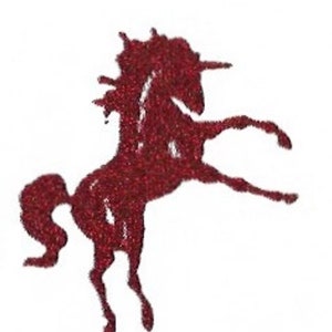 May include: A red glitter unicorn silhouette, standing on its hind legs with its head turned to the side. The unicorn is facing the right side of the image.