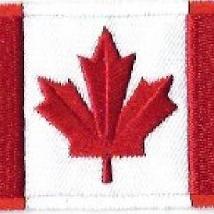 May include: A rectangular patch featuring the Canadian flag. The flag has a white center with a red maple leaf, flanked by two red vertical bars. The maple leaf is a stylized, five-pointed design.
