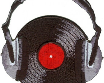 Record with Headphones Embroidered Patch / Iron On Applique, Deejay, Vinyl, Retro, Music