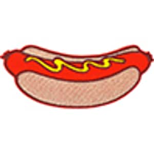 May include: A red hot dog with yellow mustard on a white bun.