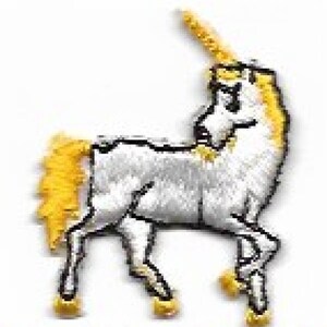 May include: White unicorn with a yellow horn and tail. The unicorn is standing on all four legs with its head tilted back. The unicorn is embroidered on a white background.
