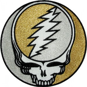 Grateful Dead 5&quot; Steal Your Face Patch /  Large Iron On Applique, Gold and Silver Thread, Deadheads, Band, Music, 70s, Jerry Garcia