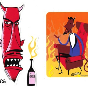 May include: Two illustrations of a devil figure. The first illustration shows a red devil head with horns and a bottle of rum with flames. The second illustration shows a devil sitting in a red chair with flames in the background. The text "SHAG" is visible in both illustrations.