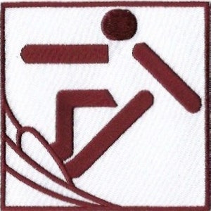 May include: A maroon-coloured skier icon on a white background. The skier is depicted in a stylised, abstract form, with a single ski and a curved line representing the snow.
