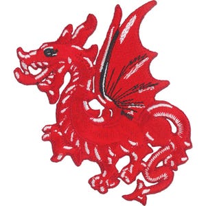 May include: Red embroidered dragon patch with white and black details. The dragon is facing right with its wings spread out.