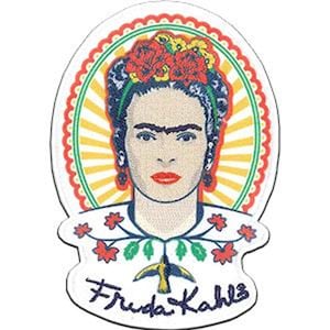 May include: A colourful illustration of Frida Kahlo wearing a flower crown, surrounded by a yellow, red and green sunburst pattern. The image includes the text "Frida Kahlo" in a blue cursive font.