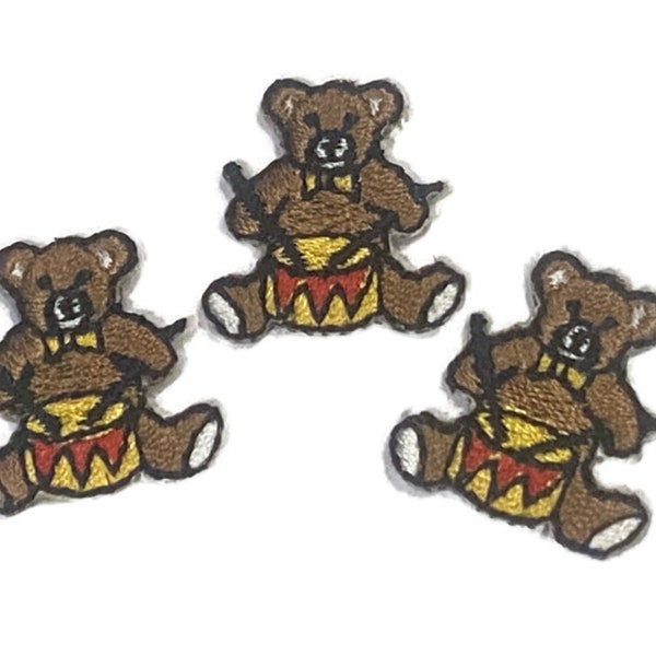 Drummer Bear Mini Iron-On Patches | Set of 3 Pieces | Iron-On Applique, Perfect for Kids' Clothes, Baby Clothes, Crafts