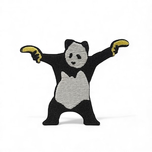 May include: Embroidered patch featuring a stylized panda bear with outstretched arms. The panda is black and white with yellow accents on its hands. The patch is likely designed to be ironed or sewn onto fabric.