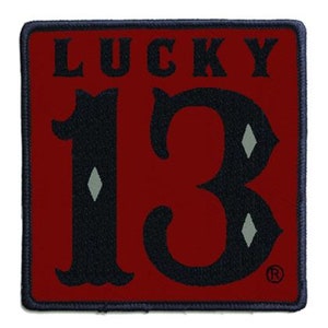 Lucky 13 "Red Square" Embroidered Patch / Iron-On Applique, Motorcyle, Hot Rod, Rockabilly, Punk, So Cal, Speed and Glory