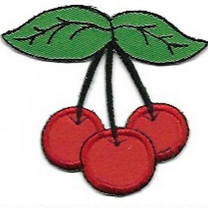 May include: Three red cherries with green leaves. The cherries are attached to stems that are connected to the leaves.