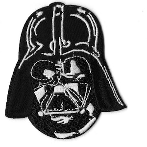 Puede incluir: Parche bordado en blanco y negro del casco de Darth Vader de Star Wars.