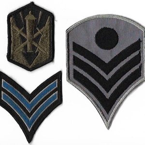 以下が含まれることがあります： 3つの軍用パッチ。1つは緑色のパッチで、松明と交差した斧が描かれている。もう1つは灰色のパッチで、3つの黒い山形と黒い円が描かれている。最後の1つは黒いパッチで、2つの青い山形が描かれている。