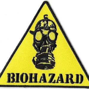 Biohazard Embroidered Patch, Iron On Applique, Toxic, Gas Mask, Warning, Yellow