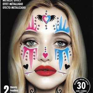 Temporary Tattoos with Metallic Effect and Gems | Costume Accessory | Unisex | Removable Tattoos | Harlequin Motif | Halloween Costume