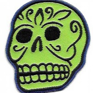 May include: Green embroidered skull with black details and a blue outline. The skull has a traditional Mexican sugar skull design with floral patterns.