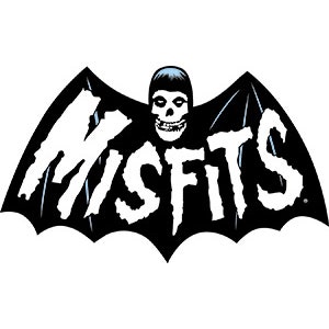 May include: Black and white logo of the band Misfits. The logo features a bat with the band's name written in white letters across the wings. A cartoon skull with a blue mohawk is in the centre of the bat.