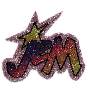 May include: A pink, glittery iron-on patch with the word "Jem" in a rainbow gradient and a yellow star.