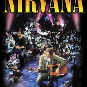 May include: A concert poster featuring the band Nirvana. The band members are playing instruments on a stage with stage lights and decorative plants. The band's name, "NIRVANA", is displayed in large, yellow and orange letters at the top of the poster.