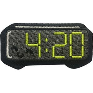 May include: Black embroidered patch with a digital clock face displaying the time 4:20 in yellow.