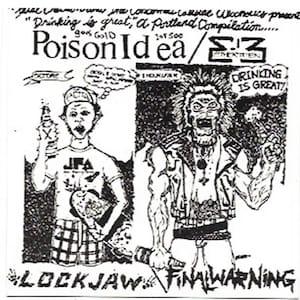May include: Black and white illustration of two people. One person is holding a can of beer and the other is holding a microphone. The text "Poison Id ea/S-13" is at the top of the image. The text "Drinking is great" is at the bottom of the image.