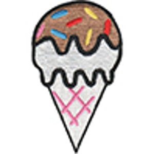 Peut inclure: Un cornet de glace brun et blanc avec des pépites colorées. La glace fond et coule le long du cornet.