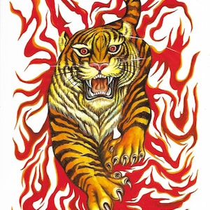 Giant Temporary Tattoo | Vintage Tattoos | Tiger in Flames Motif | Costume Accessory | Unisex | Removable Tattoos | Back Tattoos | Costume