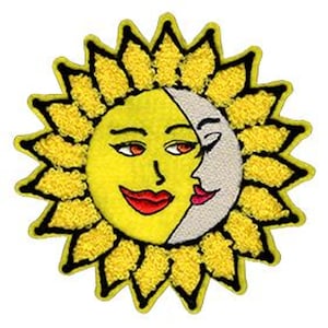 May include: Embroidered patch featuring a yellow sun with a smiling face and a white crescent moon with a smiling face. The sun and moon are intertwined, creating a whimsical design.