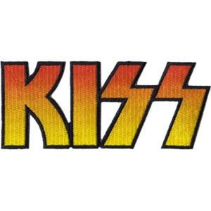 May include: A red and yellow embroidered patch with the word "KISS" in a stylized font.