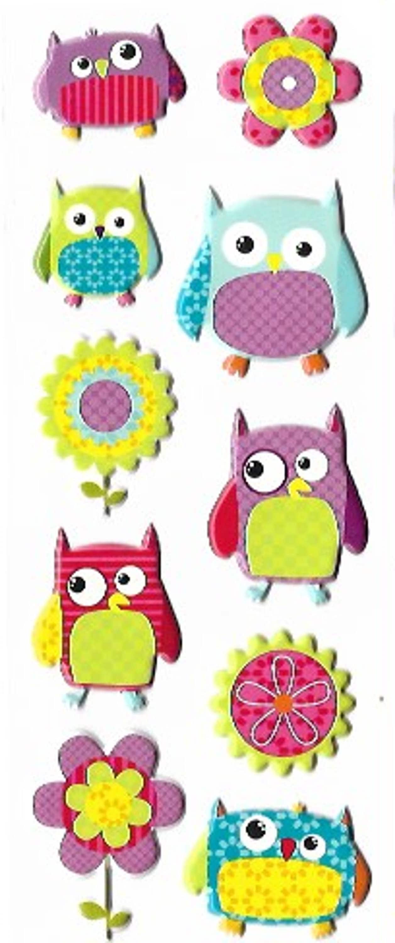 Owls and Flowers Puffy Sticker Set  | 10 Adorable Colourful Stickers  | Crafting Supplies | Scrapboo