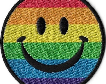 Rainbow Happy Face Smile Embroidered Patch Iron On Applique Retro Gay Pride Peace