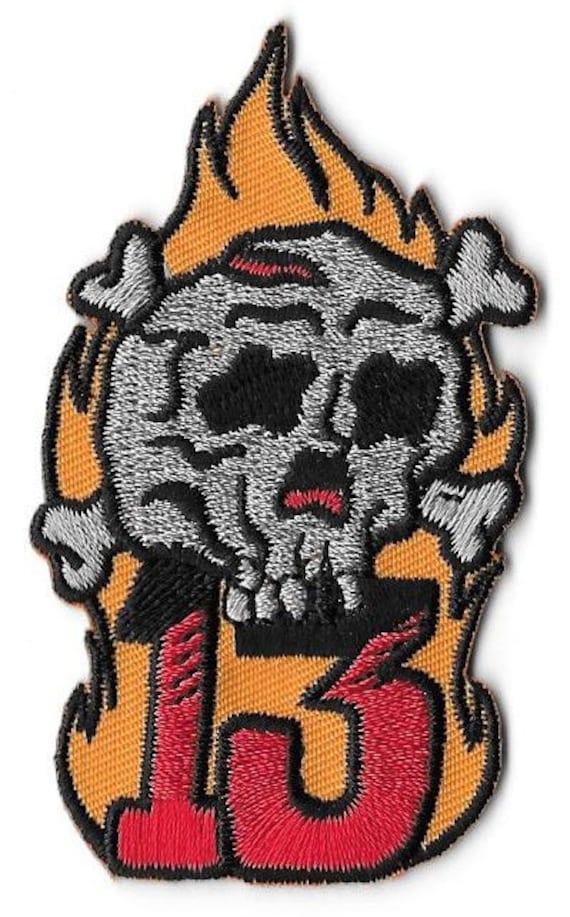 Flaming Skull W/ Thirteen 13 Embroidered Patch / Iron on Applique
