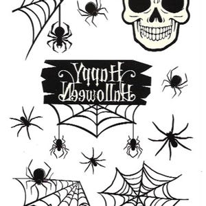 Temporary Tattoos | Spiders and Webs and Skull Motif | Costume Accessory | Unisex | Removable Tattoos | Halloween Costume | Fake Tattoos