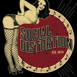 May include: A vintage-style illustration of a pin-up girl with a red, white, and black color scheme. The text "SOCIAL DISTORTION EST. 1979" is featured in a bold, black font.