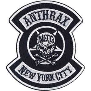 May include: Black and white embroidered patch with the words "ANTHRAX" and "NEW YORK CITY". The patch features a skull design with a pentagram and the word "NOT" in the centre.