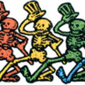 May include: A vibrant illustration featuring six dancing skeletons in a row, each in a different colour: pink, orange, yellow, green, blue, and purple. They are wearing top hats and marching.