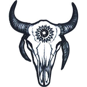 May include: Black and white illustration of a bull skull with a stylized flower design in the center of the forehead.