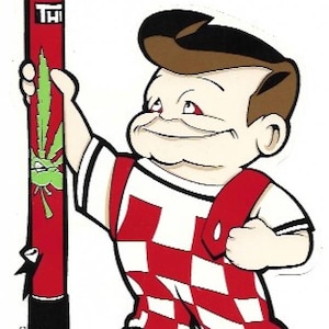 May include: A cartoon illustration of a boy wearing red and white checkered overalls holding a red and green bong with the word "THC" on it.