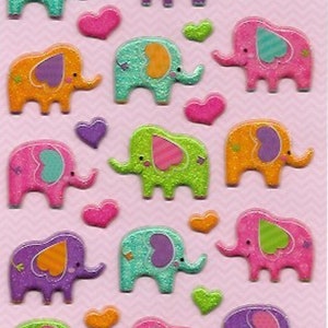 Juego de pegatinas hinchadas de elefantes y corazones / 25 pegatinas adorables y coloridas / Material para manualidades / Scrapbooking / Pegatinas para niños