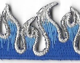 5&quot; Flame Strip Patch / Iron-On Applique, Blue with Silver, Hot Rod, Biker, Rockabilly