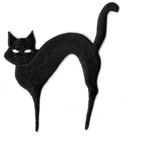 May include: Black embroidered iron-on patch of a black cat with white eyes. The cat is arched in a silhouette shape.