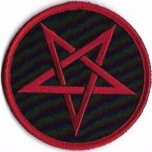 May include: Red pentagram embroidered patch on a black background with a red border.