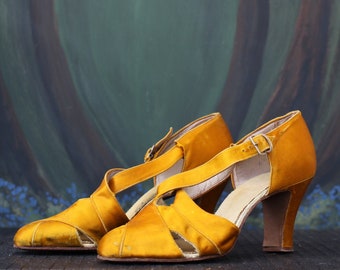 Vintage 1930s Golden Mustard Yellow Satin Mid Heel Cross Strap Art Deco Dancing Shoes Evening Cocktail UK 4 3.5 US 6 36 30s