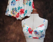 Vintage 1960s 60s White Floral 2 Piece Bikini Sun Top Shorts Set Swimsuit UK 10 Small Medium US 8 Rockabilly Pinup Bombshell 50s