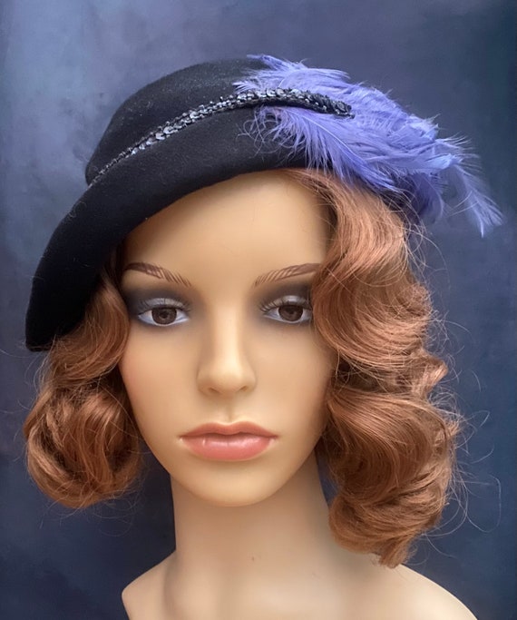 Vintage 1940s Black Felt and Blue Feather Hat 40s UK Gem